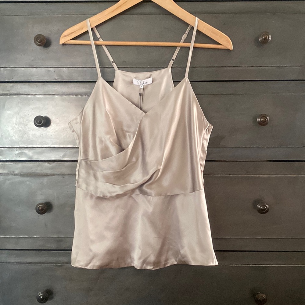 NWT! Parker elegant halter gray/silver 100% silk Size M